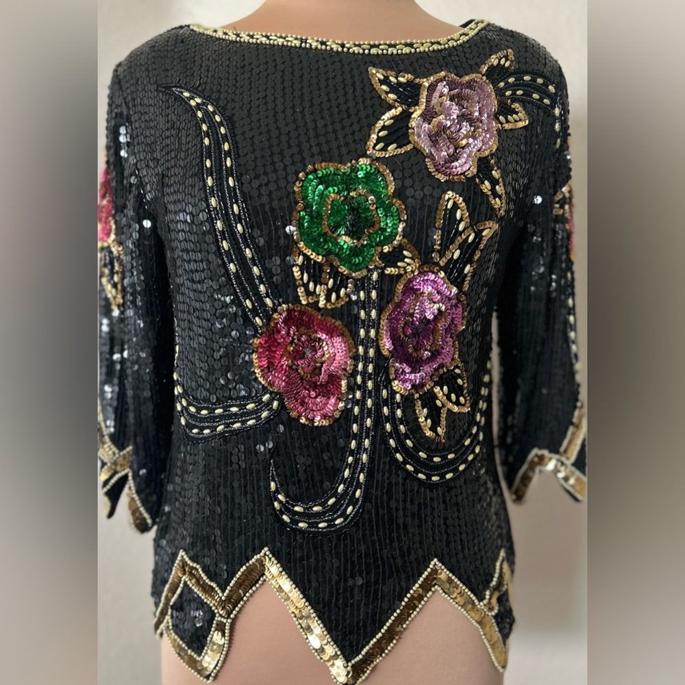 Elegant Black Sequin Blouse 💯 Silk